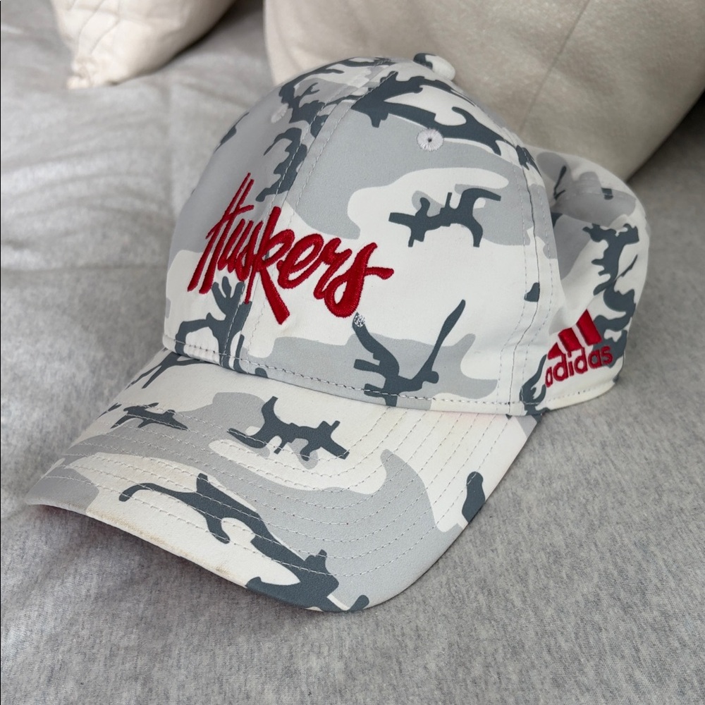 Nebraska Adidas White & Gray Camo Nebraska Huskers Cap with Red Embroidery